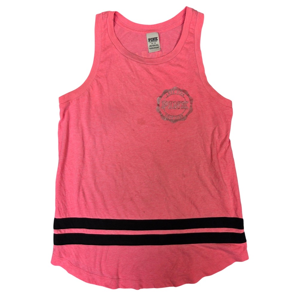 PINK Victoria's Secret Women Medium Pink Sequin Logo Racerback Tank Top Striped